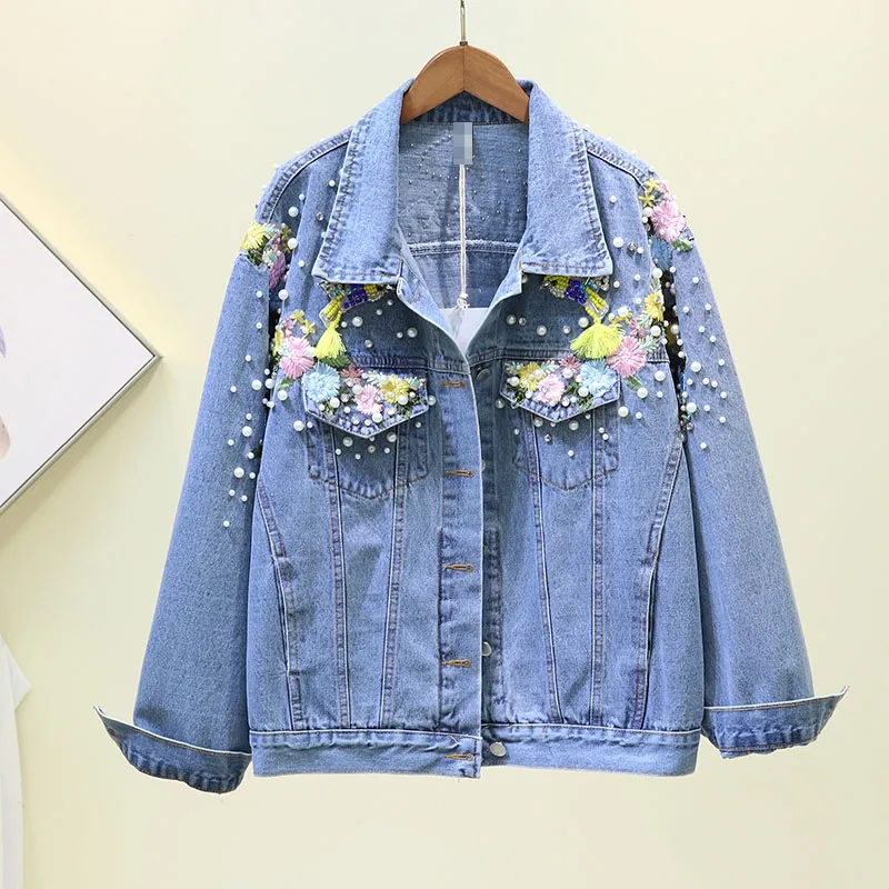 

Autumn Coat Lady 2019 New Korean Loose Short Nail Bead Flower Denim Coat Women's Long Sleeve Casual Jacket Girls Denim Coats Top