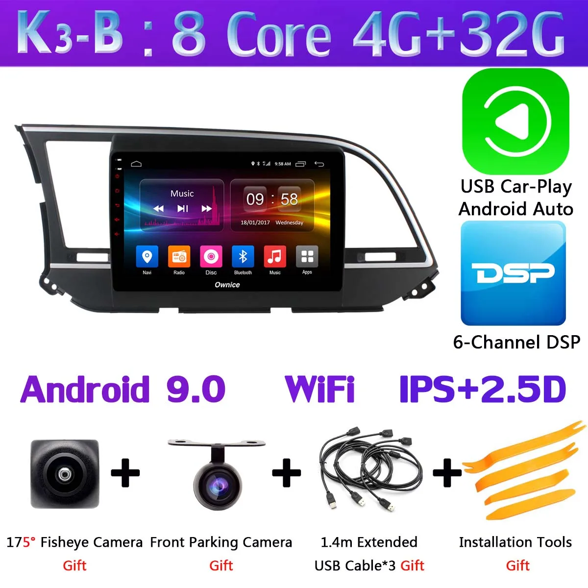 360 ° Pano ram ic 4×камера 4G ram+ 64G rom Android 9,0 автомагнитола для hyundai Elantra 6- gps Navi SPDIF DSP CarPlay stero - Цвет: K3-B-CarPlay