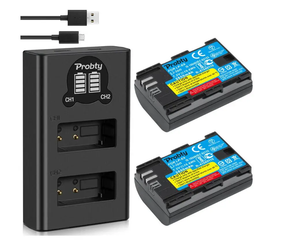 2BatteryWithCharger PROBTY LP E6 LPE6 LP-E6 E6N аккумулятор 2650 мАч+ светодиодный двойной зарядное устройство для Canon EOS 5DS R 5D Mark II 5D Mark III 6D 7D 80D EOS 5DS R C - Цвет: 2BatteryWithCharger