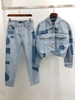 

High 2020 New Runway Fashion Denim Patchwork Suits Women Turn down Collar Long Sleeves Jacket + Long High Waist Pants Light Blue