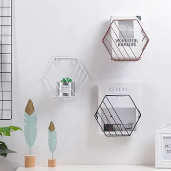 

Metal Wire Hexagon Wall-Mounted Floating Bookshelves Book Magazine Display Rack