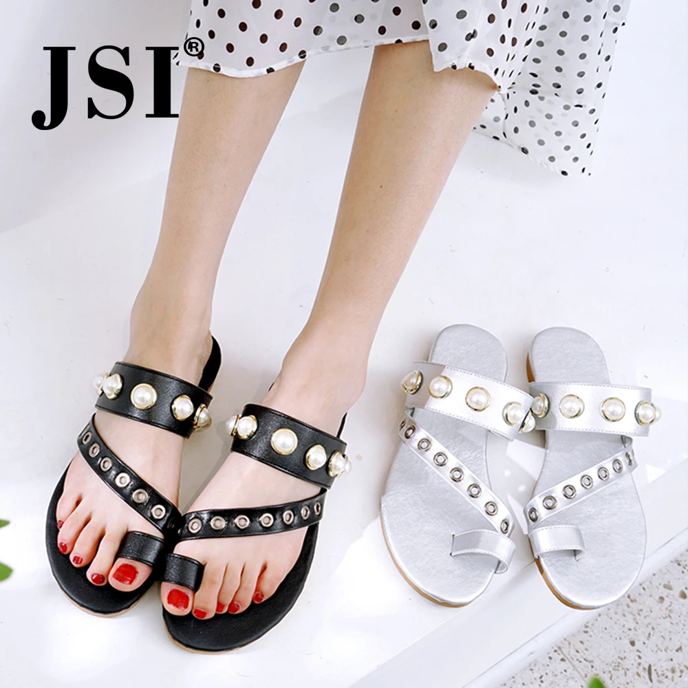 

JSI Summer Large Sizes Shoes Woman String Bead Sandals Square Heel Low Heel Slip-On Microfiber Basic Solid Sandals Women je39