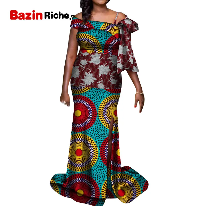 Африканский принт длинное платье с русалочкой для Для женщин Bazin rich в стиле пэчворк с открытыми плечами кружевные платья африканский дизайн Костюмы WY5354