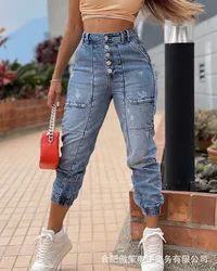 Calças de brim femininas botão jeans finos