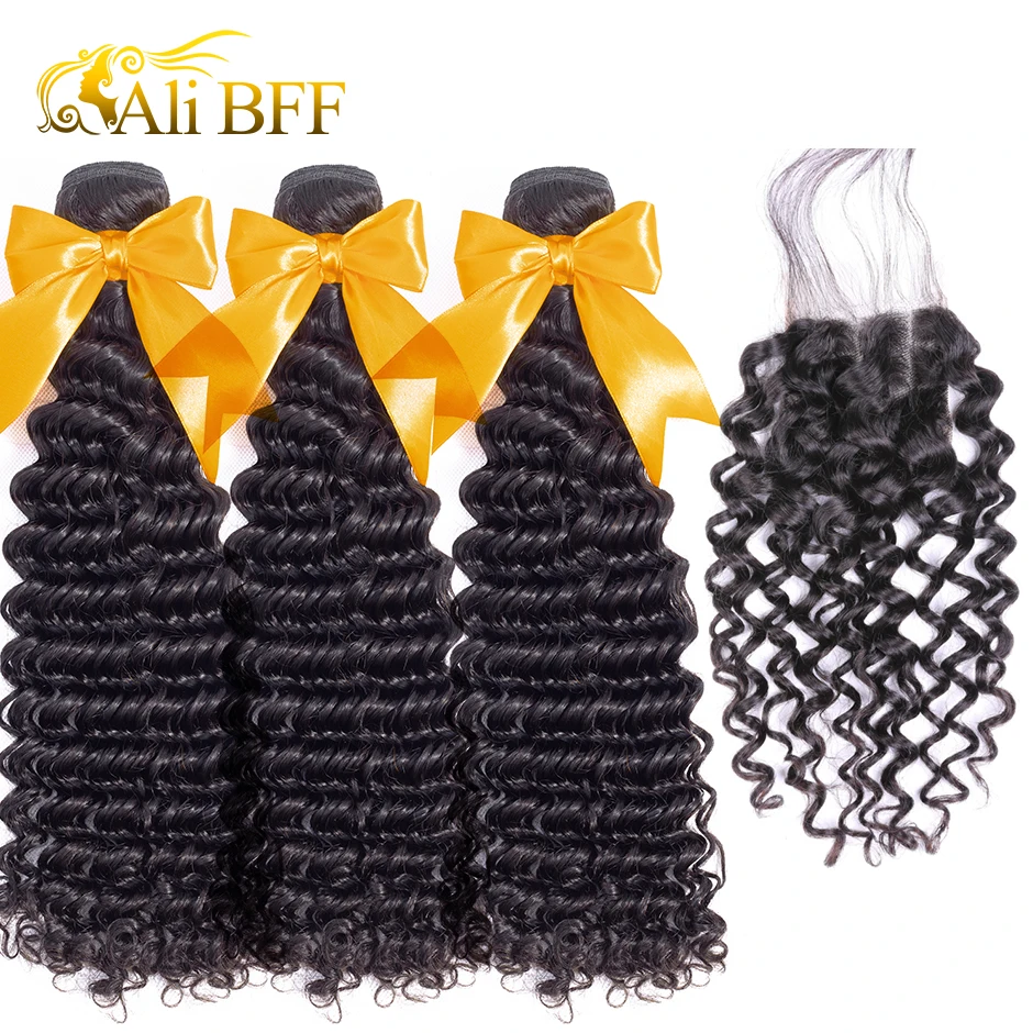 

ALI BFF Hair Brazilian Hair Weave Bundles With Closure 3 Bundle With Lace Closure Remy Human Hair Deep Wave Bundles With Closure
