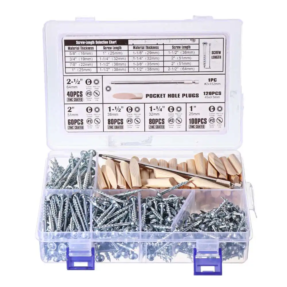 482Pcs 25 64mm Pocket Hole Screw Project Kit SQ2 Square Head Driver