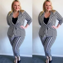 Plus Size 2 Peças Mulheres Ternos костюм женский Houndstooth Blazer Com Cinto Desgaste Do Partido do baile de Finalistas Feito Sob Encomenda Conjunto Senhora Terno