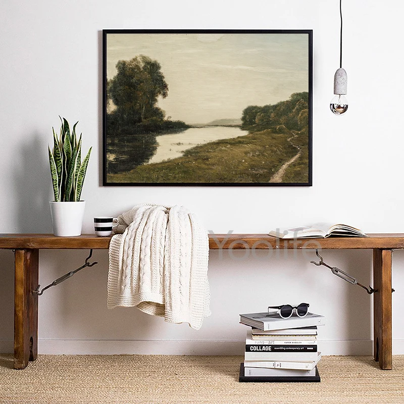 Rustic Country Landscape Oil Painting Canvas Art - Vintage Farmhouse Wall Decor