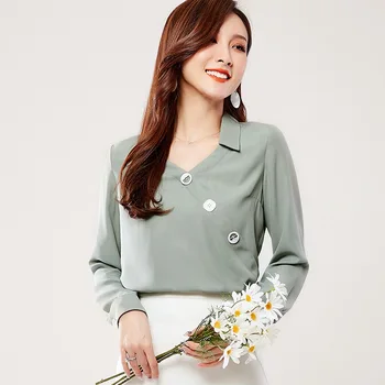 

2019 women chiffon blouse V-Neck Long Sleeve Solid tops Skew Collar Big button Stylish Elegant Office Shirt Blusa Feminina