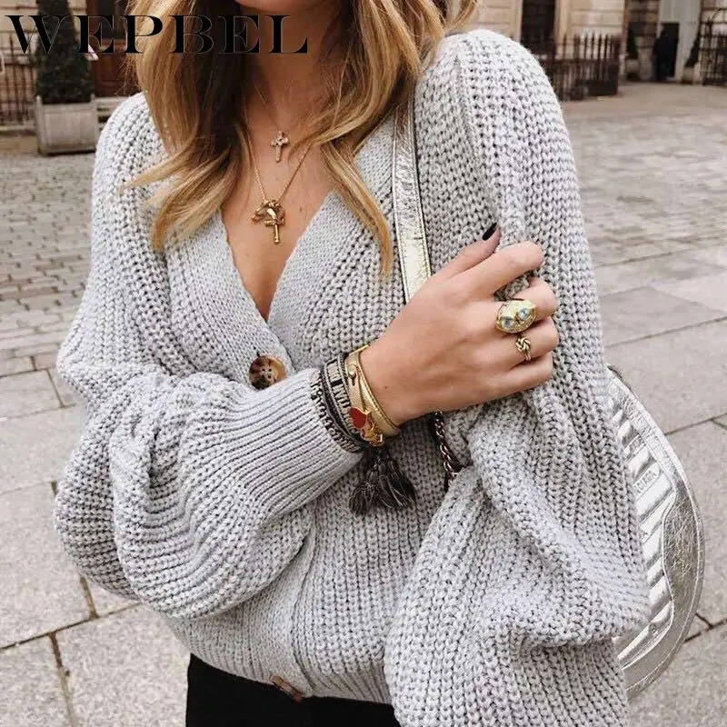 

WEPBEL Women's Fashion Solid Color Knitted Sweater Autumn and Winter Casual V-neck Button Cardigan Batwing Sleeve Sweater