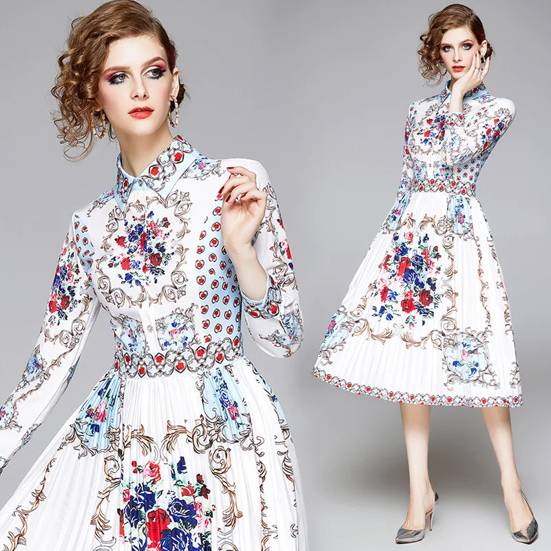 

Europe And America Women's Dress Fold-down Collar Printed Waist Hugging Big Hemline Mid-length Dress