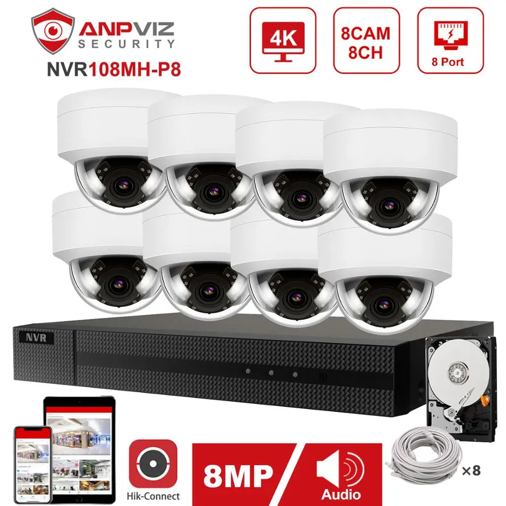 8CH 4K POE NVR Комплект охранной камеры система 8.0MP ИК Крытый/наружный CCTV купольная IP