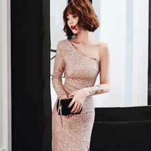 Вечернее платье Шампань, с блестками, блестящее, длинный рукав, вечерние платья для женщин, на одно плечо, с разрезом, Русалка, длинное вечернее платье K094