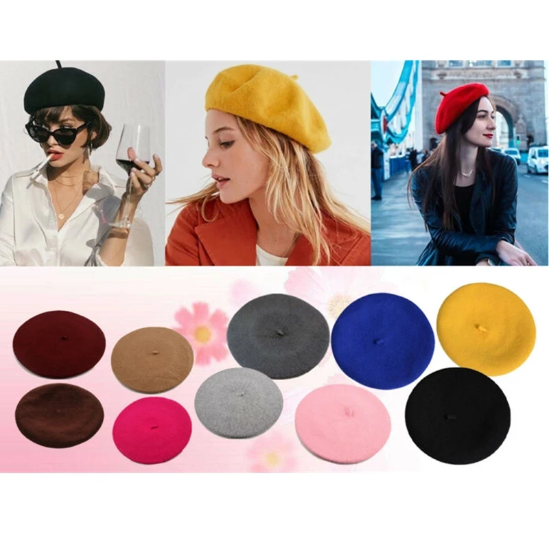 11 цветов, винтажный элегантный Модный зимний шерстяной берет для девушек и женщин, Шапка-бини французского художника, одноцветная Лыжная шапка