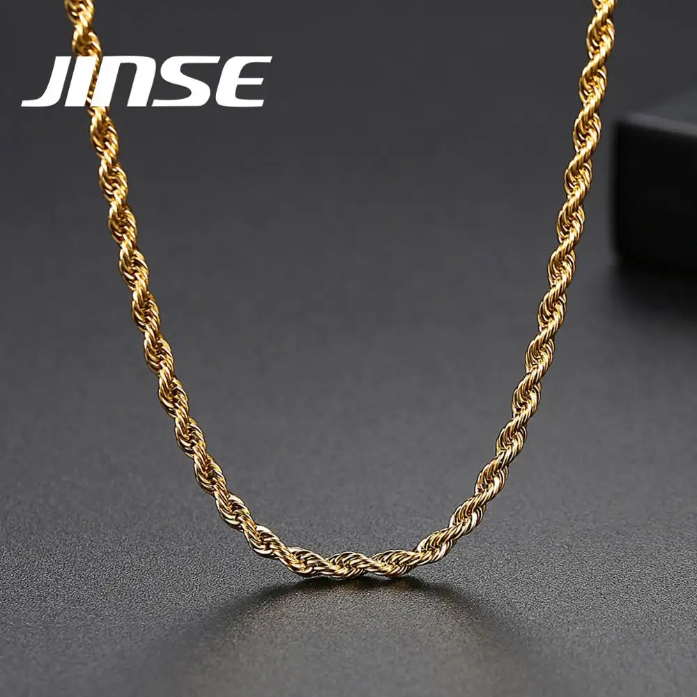 

JINSE 3mm Gold Silver Color Rope Chain Necklace For Men Women Hip Hop Twist Long Chain Necklace Charm Accessory Jewelry