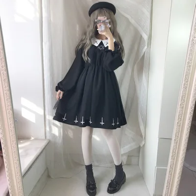 

OP Gothic Lolita Dress Cute Girl Doll Collar Long Short Bubble Sleeve Vile Cross Dress Soft Girl Kawaii Dress Choker Socks