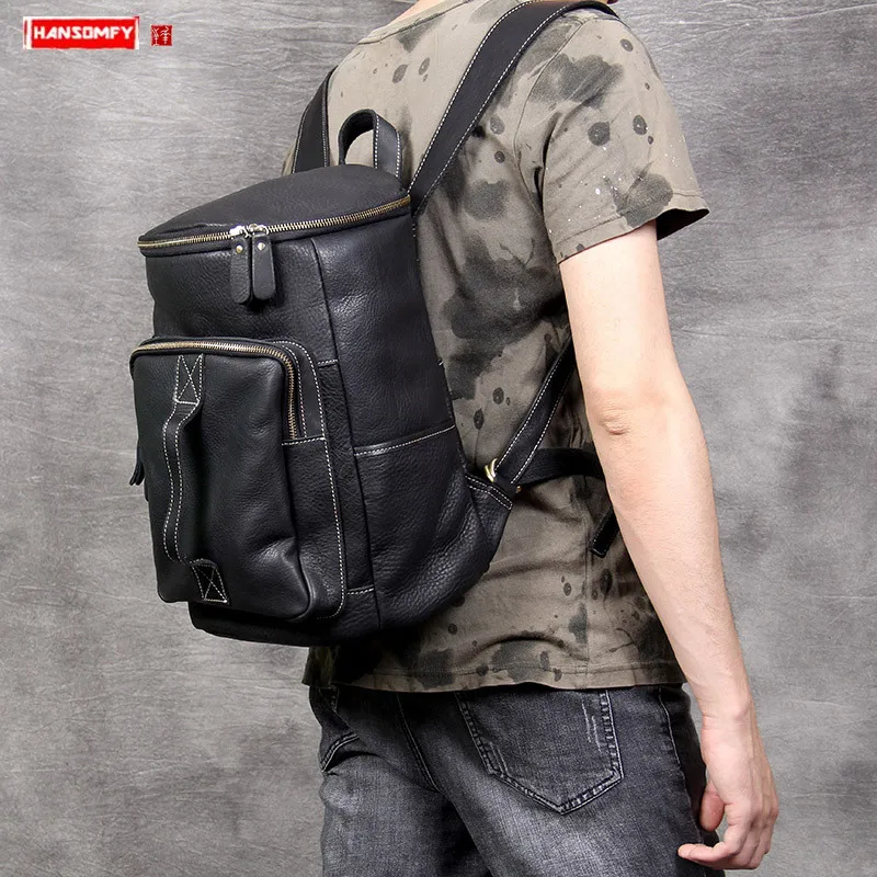 

Retro leather men's backpack laptop shoulder bag first layer cowhide backpack male large capacity bucket bags travel backpacks