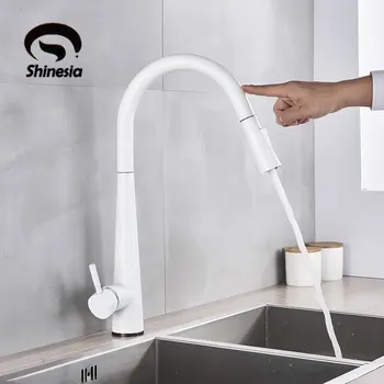 

white Kitchen Sensor Faucet Pull Out Sprayer Swivel Spout Mixer Tap Sink Faucet 360 Rotation Kitchen Faucets Water