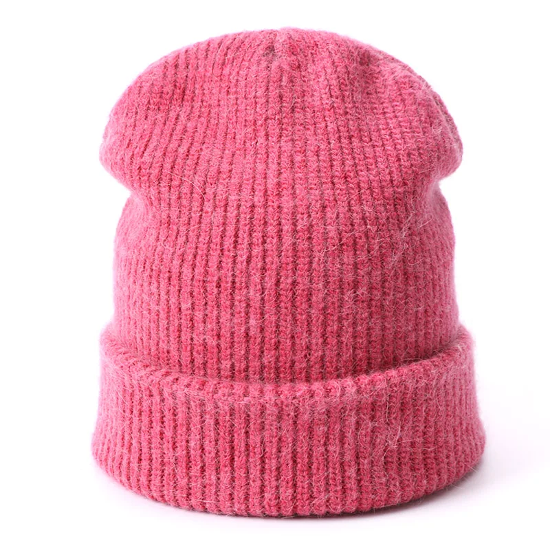 Женская шапка из кроличьей шерсти для девочек, вязаные шапки бини, шапка осень и зима, теплые одноцветные натуральные Полосатые Шляпы для улицы - Цвет: F