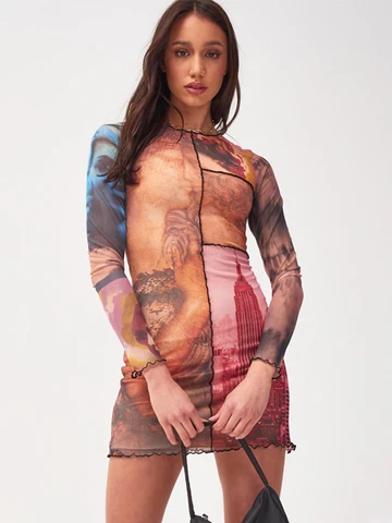 Womens Autumn Long Sleeve Patchwork Printed Slim Body Hip Mini Dress