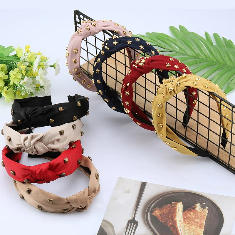 

New Fashion Headbands for Women Solid Color Cotton Material Metal Star Square Single Knot Headband Hair Accessories
