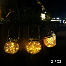 2 шт. стеклянный, со светодиодной лампой, баночка, атмосферное наружное освещение, патио, пейзаж, солнечная энергия, сказочные вечерние, Висячие трещин, декоративный сад