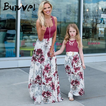 

bunvel mom baby girl clothes mother daughter dresses Wine Red mother and daughter clothes Patchwork Floral Printed Dresses