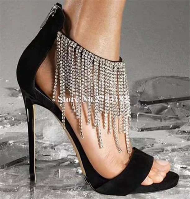 Rhinestone Chain Tassel Slippers Pointed Toe Stiletto Luxurious High Heels  Silver Black Open Toe Sandals Summer Shoes Lady Mules - AliExpress