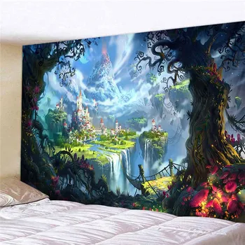 

Fantasy Forest Castle Tapestry Wall Hanging Kid Bedroom Backdrop Decor trippy Hippie Tapestry Wall Carpet Psychedelic Tapestry