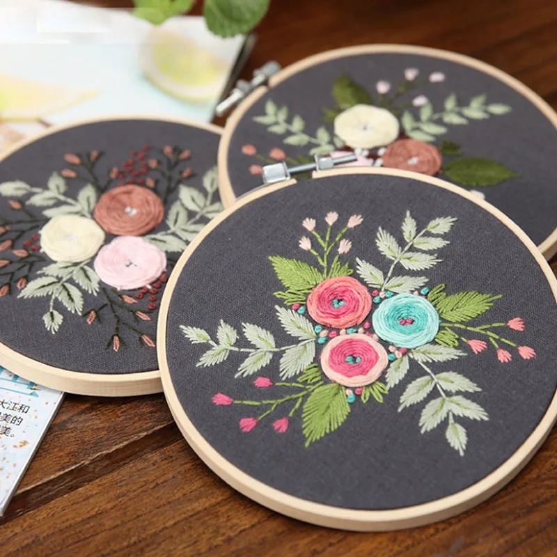 

Flowers Pattern 15*15CM Fabric Art Material Package Beginner Needlework European Style 3D Ribbon Embroidered Cross -Stitch