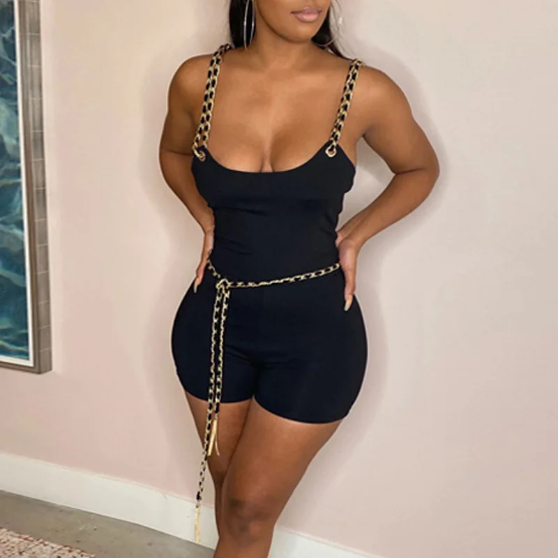 

Women Clothing 2021 Spring Chain Sash Strap Biker Shorts Rompers Workout Active Wear Female Bodycon Skinny Casual Playsuits New