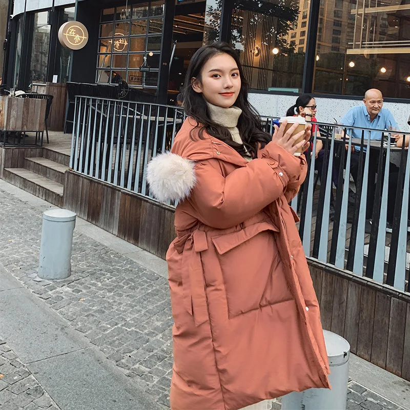 

Acz19 Winter Waist Drawstring Medium-length over-the-Knee Thick Versatile Cotton Coat Korean-style Hooded Large Fur Collar Cotto