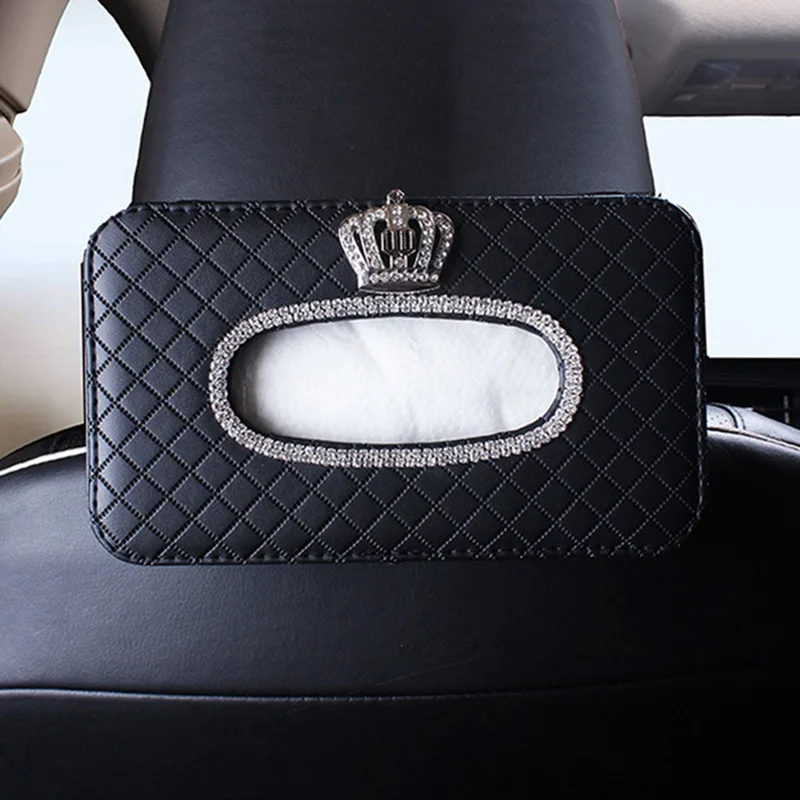Crown Crystal Car Tissue Box Holder Seat Back Headrest Hanging Tissue Paper Case Diamond Car Styling Decoration Auto Accessories