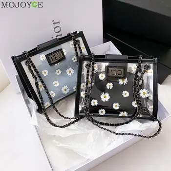 

Creative Design Transparent PVC Handbag Classic Texture Chic Daisy Flower Clutch Totes PU Shoulder Bag Composite Set