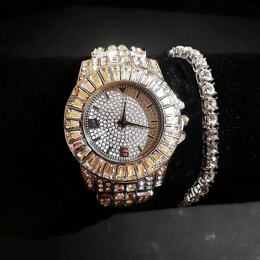 2pcs/set Iced Out Watch + Tennis Bracelet for Men Women Luxury Cool Hip Hop Gold Mens Watch Set Clock Watches Religio Masculino