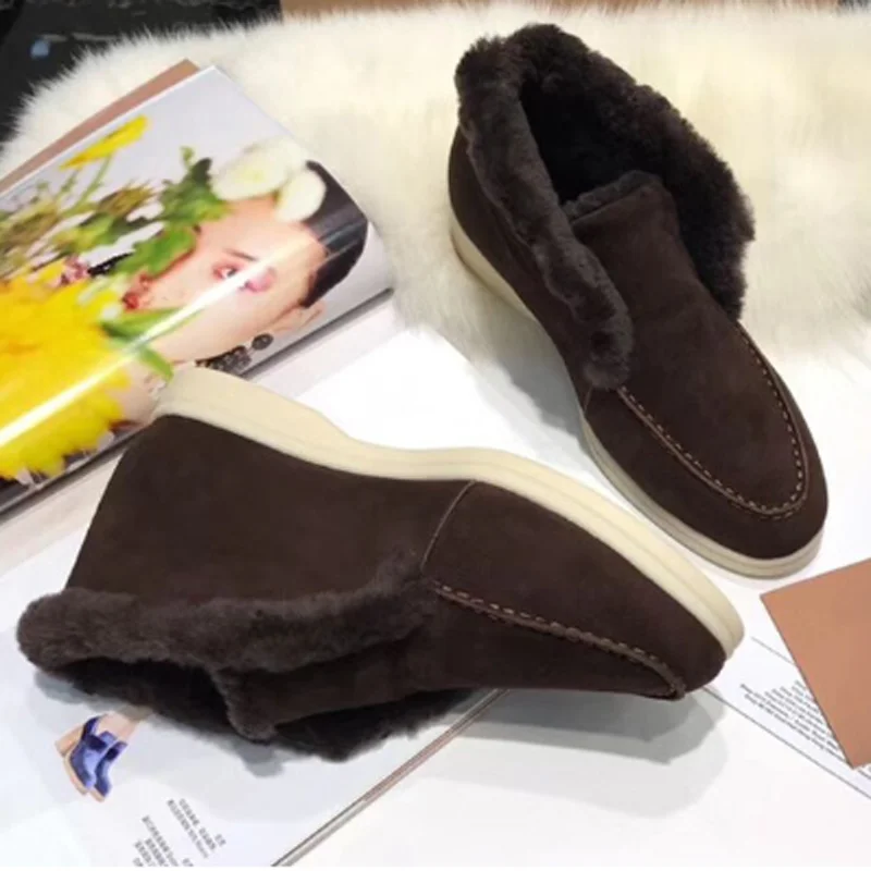 dark brown Удобные шерстяные зимние женские ботинки; Высококачественная зимняя обувь на плоской подошве; ботинки для подиума без шнуровки; теплые короткие ботинки из гладкой замши; Zapatos de mujer - Цвет: dark brown