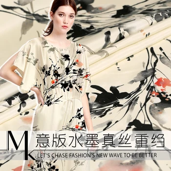 

Chinese Ink Flower Digital Print 93%silk 7%spandex Fabric For Women Dress Cheongsam 110CM wide 30Momme Fashion cloth DIY Sewing