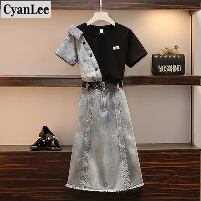 Женский офисный костюм Cyanlee летний короткий рукав пэчворк футболка и длинная
