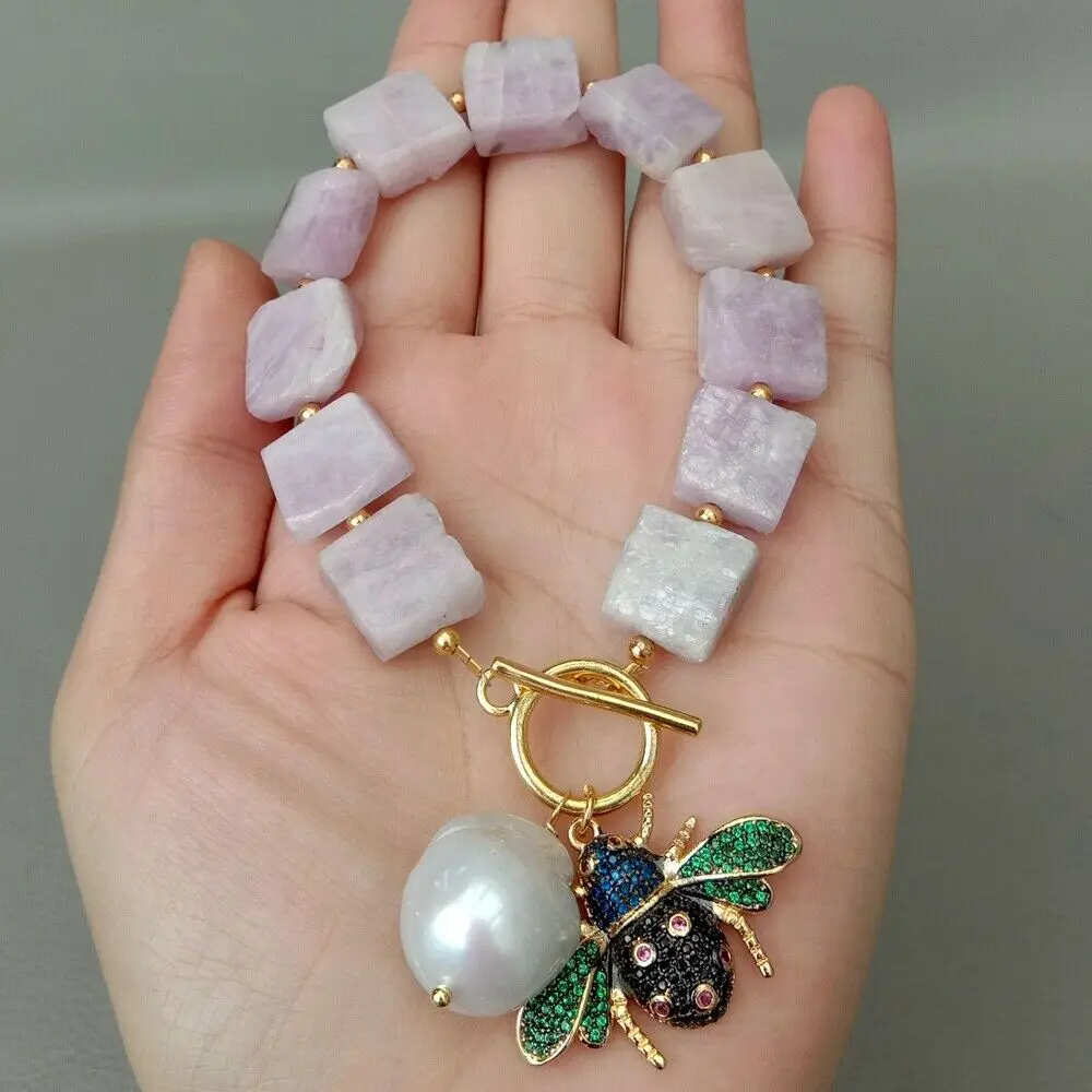 

8'' Natural Square Pink Kunzite Bracelet White Keshi Pearl Cz Insect Charm