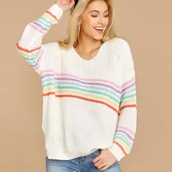 Женский трикотажный свитер в радужную полоску, блузка с v-образным вырезом и длинным рукавом, свободные топы GDD99