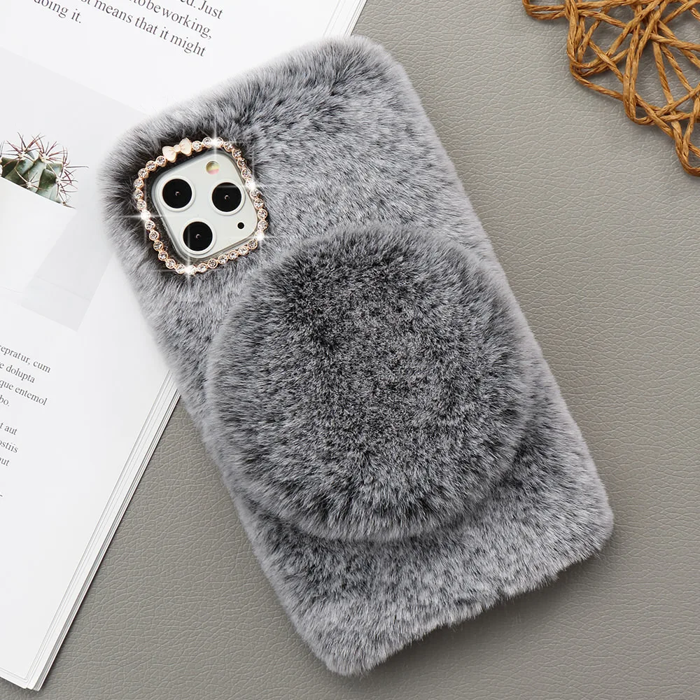 Dark Grey L-FADNUT милый пушистый меховой зеркальный чехол для телефона для iPhone 11 Pro Max X Xr Xs 8 Plus 7 6S 6 девочек противоударный Бампер Подставка чехол - Цвет: Dark Grey