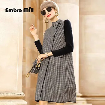 

Winter High Quality Houndstooth Knit Wool Dress Vintage Style Turtleneck Elegant long Sleeve A-line Dress S-XL