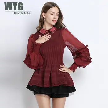 

Elegant Peplum Knitted Blouses And Tops 2019 Autumn New Arrival Beading Turn-down Collar Long Pleated Lantern Sleeve Knit Tops