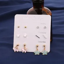 6 пар/компл. серьги в новом стиле для Для женщин милый кот цветы Кристаллические серьги с понедельника по субботу, геометрические серьги-гвоздики