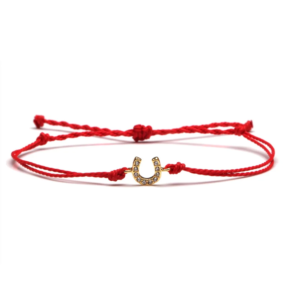 Zirkonia Kristall Winziges Hufeisen Glücksbringer Armband Damen Herren Rot Schwarz Weiß Grün Gewachste Schnur Messing CZ Geflochtener Schmuck – Detail 7