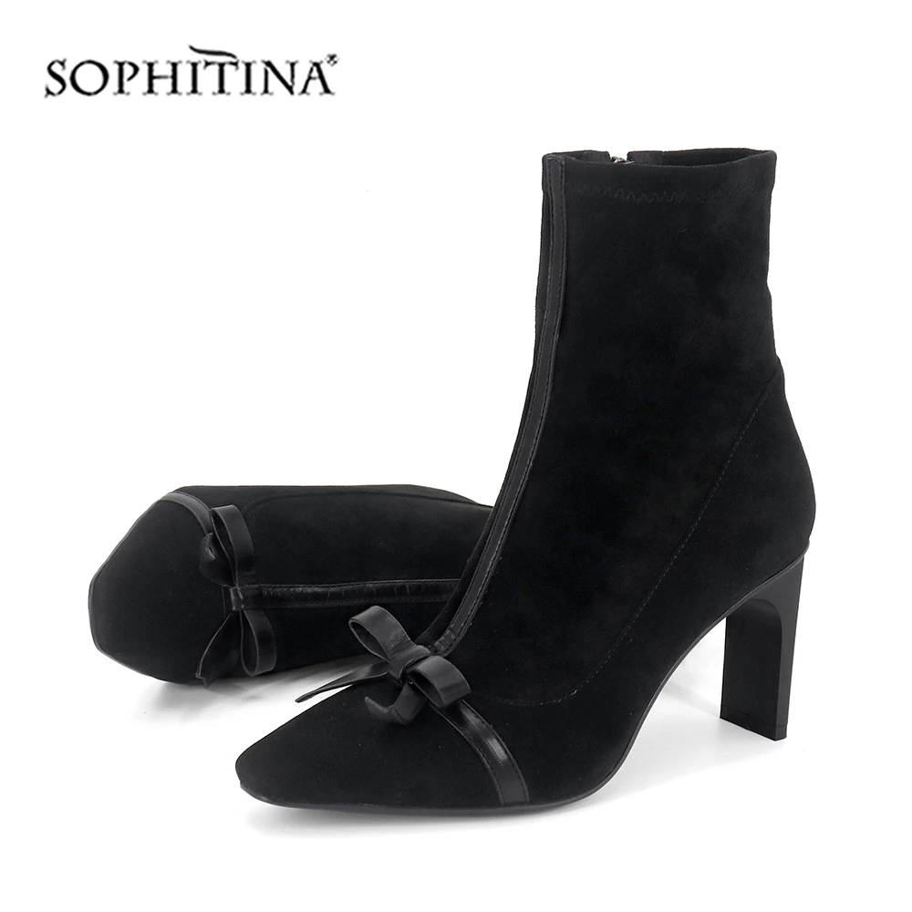 SOPHITINA/пикантные ботинки с острым носком модная замшевая однотонная обувь на квадратном каблуке с бантом-бабочкой новые женские ботильоны, SC572
