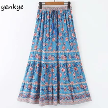 Праздничные Семейные комплекты летнего юбки женские, с цветочным узором юбка в стиле бохо женские эластичные Высокая талия большие качели Плиссированные Повседневное длинная юбка SDP7282