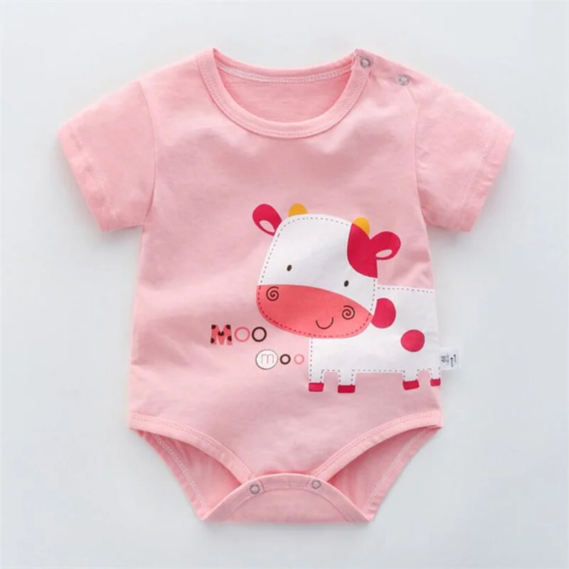 Newborn Baby Bodysuit Boys Bag Fart Rompers Girls Pink Cartoon Cows Jumpsuit Toddler Cotton Body Suit Short Sleeve Clothes A412