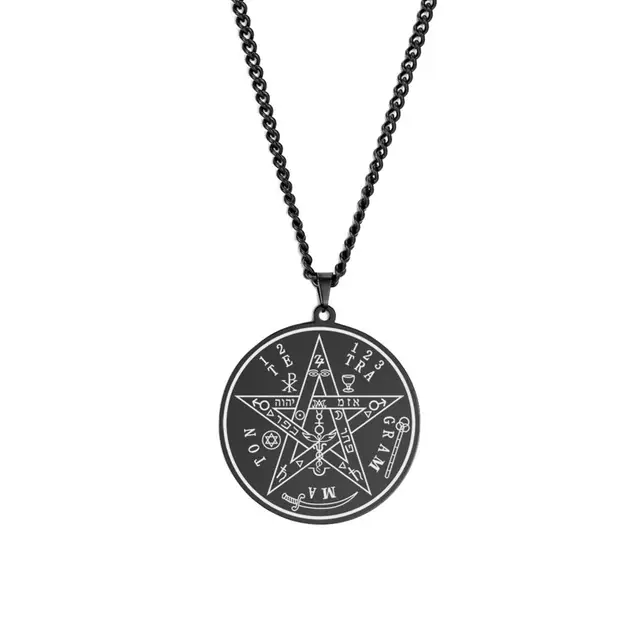 LIKGREAT Vintage Wicca Necklace Tetragrammaton Pendant Wahyeh Blessed Pentagram of Solomon Amulet Stainless Steel Jewelry black color