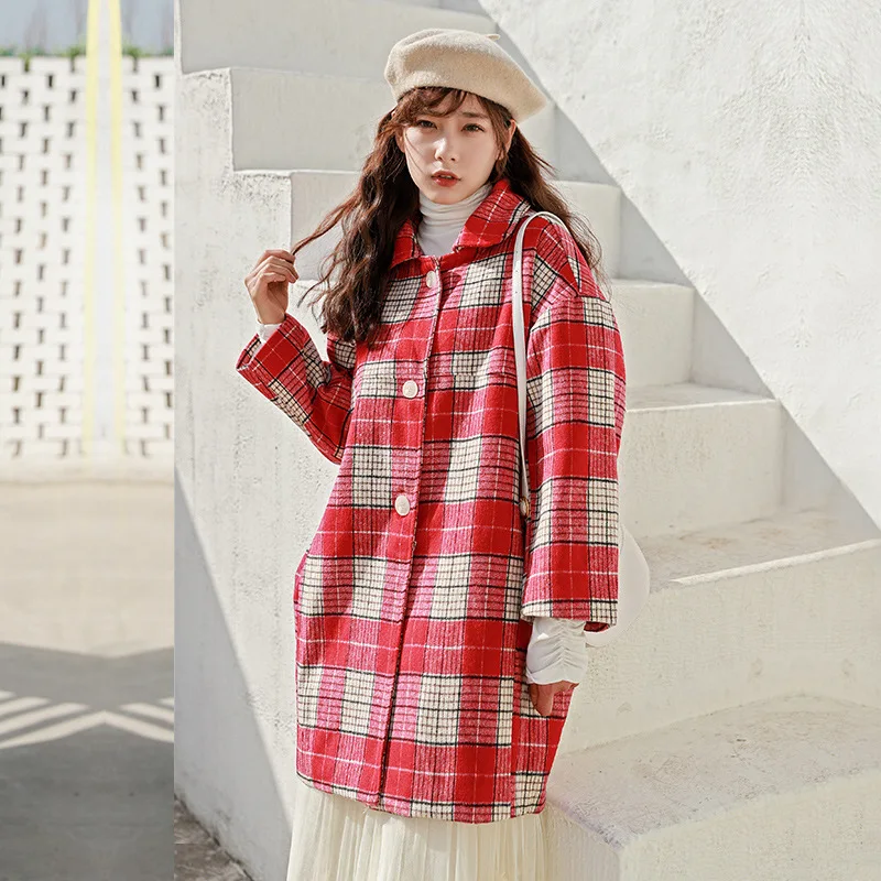 

2019 Winter Korean-style Students Mid-length Woolen Jacket Loose-Fit Plaid Woolen Cloth Cloak Overcoat